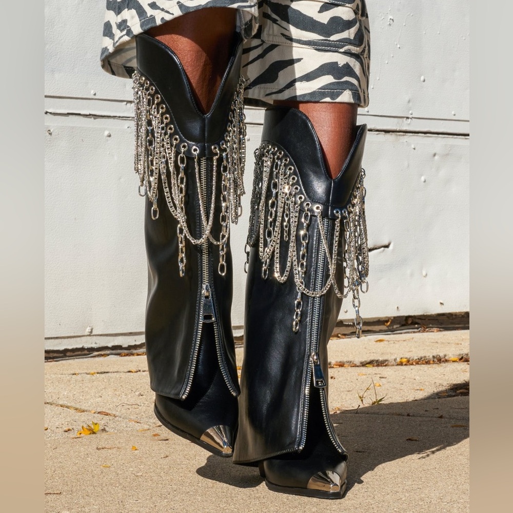 SOLD OUT! Azalea Wang Silver Embellished Boots with Chains & Zipper Detailing.